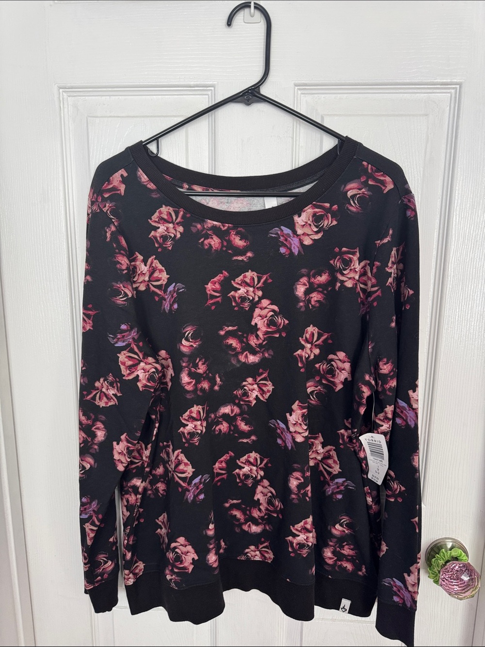 torrid Black Crewneck Sweater with Pink Rose Print